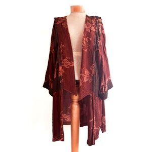 KUSNADI Boho Open Front Rayon Oversized Kimono Jacket Top Lagenlook OS Leaf Prnt